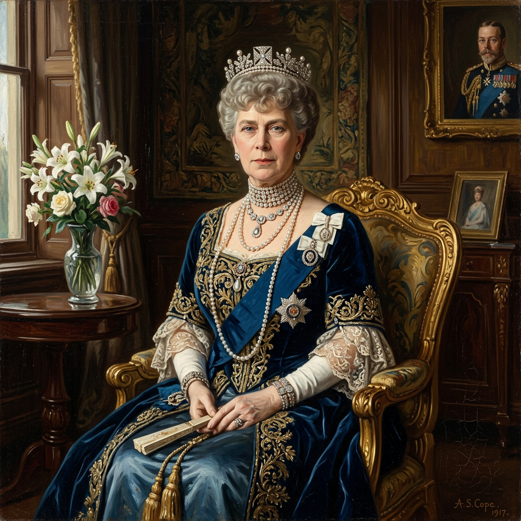 Queen Mary seated in ornate chair wearing blue velvet gown, tiara, and pearl necklaces holding a fan
