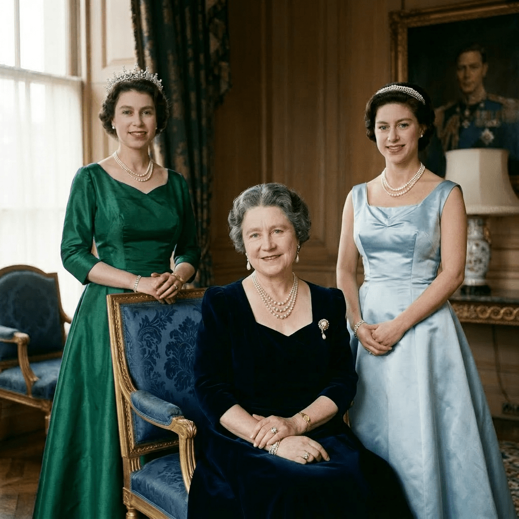 Three British royal women in formal gowns and jewelry posing indoors