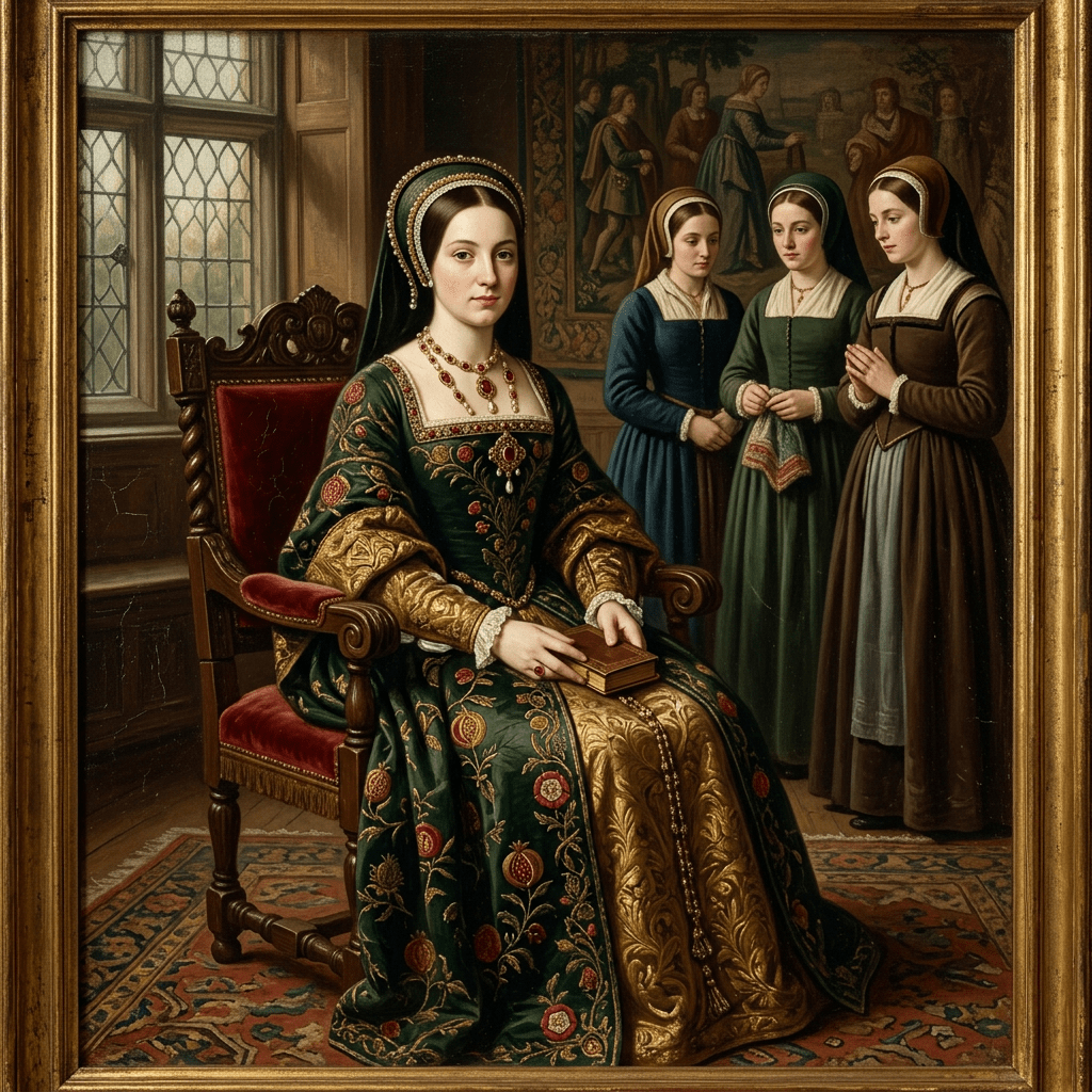 Noblewoman wearing green and gold embroidered dress sitting on an ornate chair holding a book with three women standing behind her