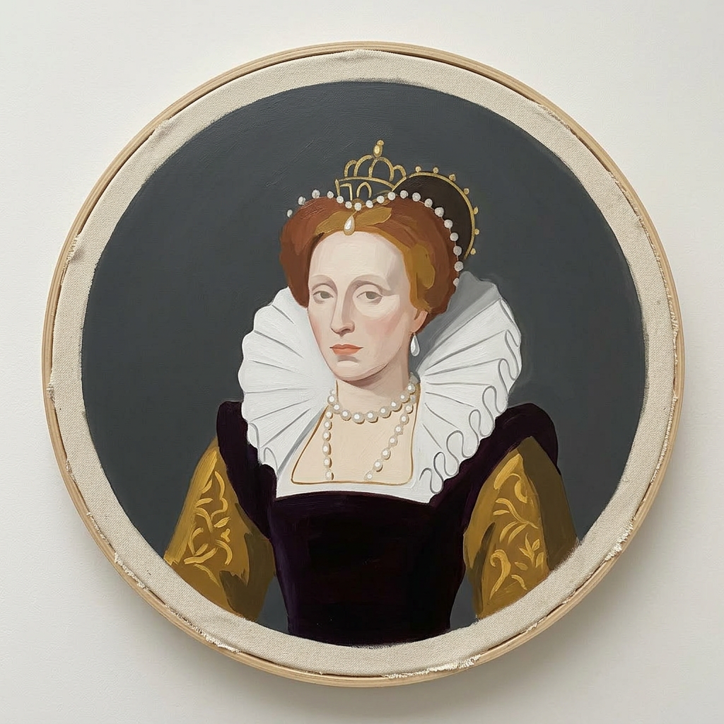 Stylized portrait of a queen with a crown, ruffled collar, and patterned sleeves