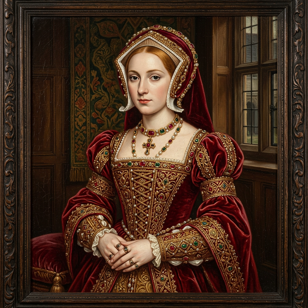 Queen in red velvet gown with gold embroidery and jeweled accessories