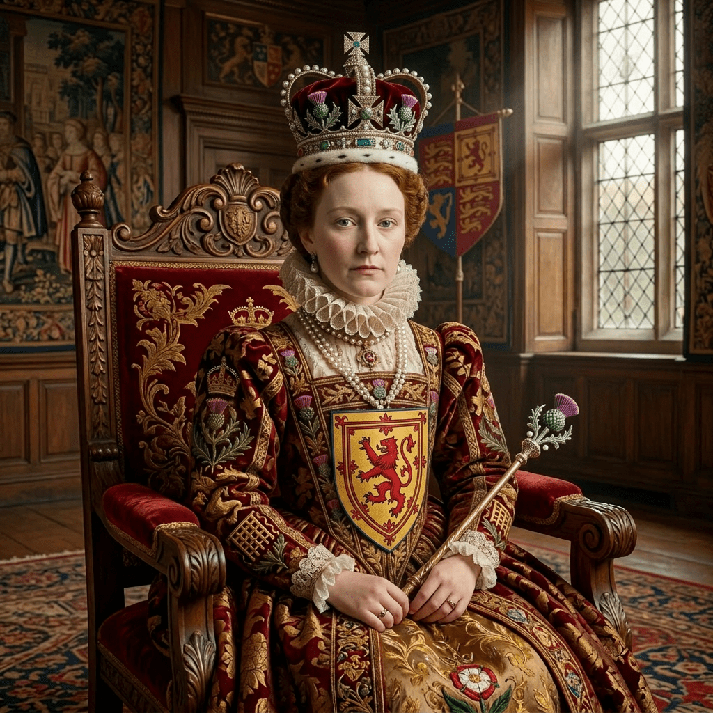 Woman wearing a jeweled crown and ornate medieval royal dress sitting on an elaborate throne